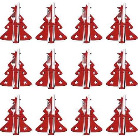 Sac Pour Couverts Arbre De Noël - Tissu - Rouge Vert Gris - 21 x 17 cm - Lot De 12 (1/5)