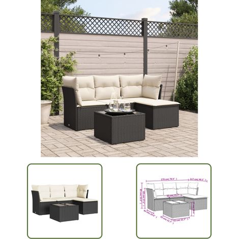 The Living Store Salon de jardin 5 pcs avec coussins noir résine tressée - Salon De Jardin - Mobilier De Jardin - Set Salon De Jardin - Résine Tressée - Rotin Synthétique (1/3)
