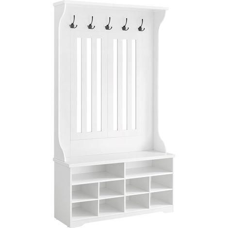 Meuble d’Entrée, Porte-Manteau avec Banc à Chaussures, Vestiaire, Rangement pour Chaussures, 5 Crochets Triples, Gain de Place, pour Entrée, Couloir, Étagères Réglables, Blanc Nuage HSR404T10 (1/5)