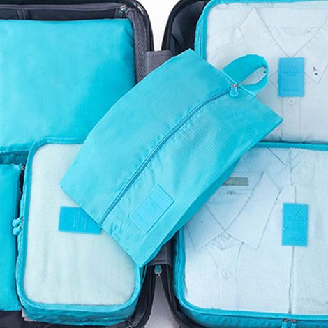 Lot de 7 cubes de rangement imperméables et résistants à la saleté en tissu Oxford, bleu ciel, pour vos bagages et vos voyages. (1/5)
