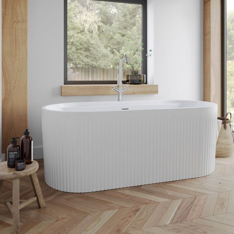 Aquari Freestanding Double Ended Bath Luxury Fluted Acrylic Bathtub Waste White 1700mm