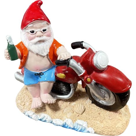 Nain de jardin souriant à moto - Statue en résine faite main pour l'extérieur - 15 cm - Figurine féerique résistante aux intempéries pour terrasse et pelouse - Cadeau amusant pour homme (1/5)
