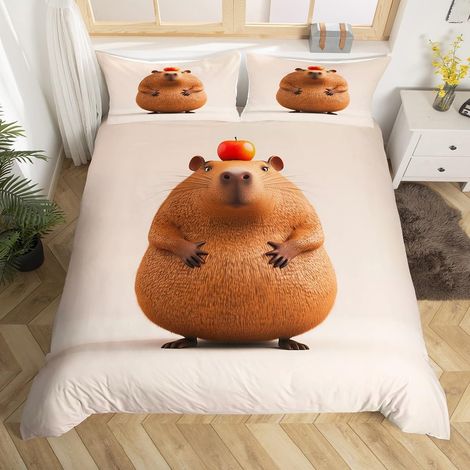 Housse de Couette 200x200 Cochon d'Inde Mignone, Parure de Lit Souris Kawaii pour Enfant Fille Garçon, Sets de Housses de Couettes Beige et Brun, Couvre Lit Animaux Sauvages - 200x200cm + 2 Taies Orei (1/5)