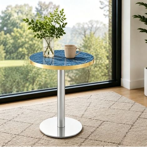 Table d’appoint ronde 60x73,7 cm bleue en MDF et métal avec plateau effet marbre et bord doré (1/3)