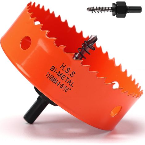 Scie cloche 110mm Orange, Acier rapide HSS M42 bi-métal Scie cloche bois, Fraise à trous avec tige hexagonale et foret avec profondeur de coupe de 35mm pour bois, cloison sèche et tôle métallique (1/5)