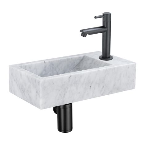 Saniclass Fuente ensemble de lavabo - 40x22 - 1 trou de robinet - droite - marbre - robinet de lavabo noir mat - blanc (1/5)