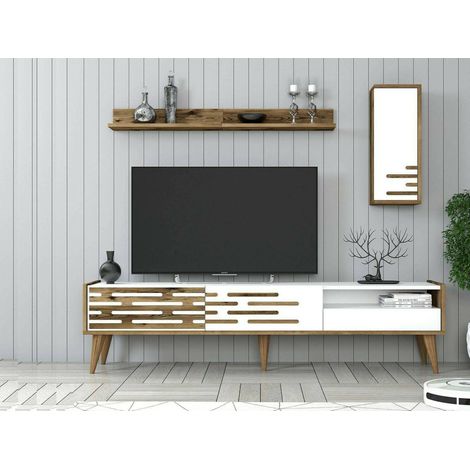 Dmora - Mueble de televisión Dbrunozz, Aparador de salón, Mueble bajo para TV, Base de pared equipada, 180x45h35 cm, Blanco y Nogal (1/5)