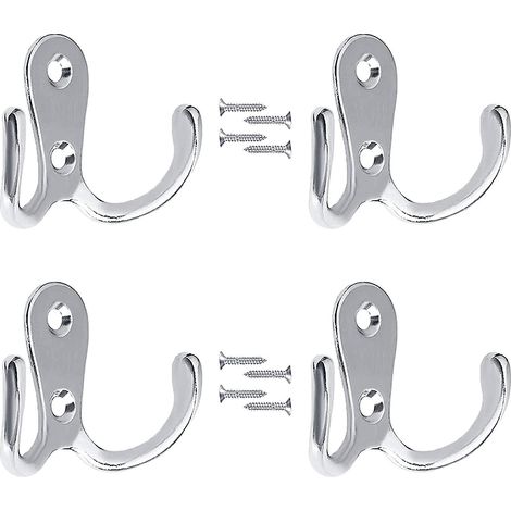 lot De 4 Crochets Double Broche (argent) Pour Vtements Suspendre Au Mur Pour Salle De Bain, Chambre Coucher, Porte, Mur, Cintre En Mtal Rtro Av (1/5)