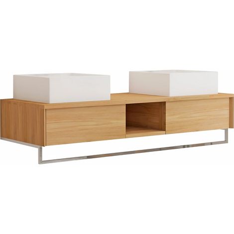 Mobile bagno sospeso in teak con portasciugamani e doppio lavabo da appoggio quadrato in ceramica 140 cm - KUPANG (1/5)