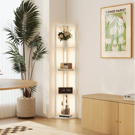 Lampadaire d'angle LED à 4 étagères réglable, lumière 3000 K, finition chêne OKMYHOME (1/5)