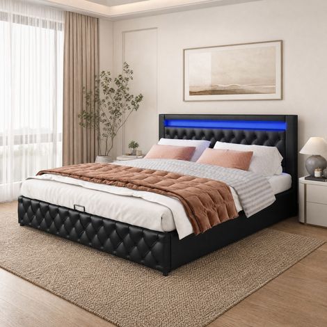 CHICFURN Cama con canapé 140x200 cm en PU negro con LED, somier de láminas y almacenaje (1/5)