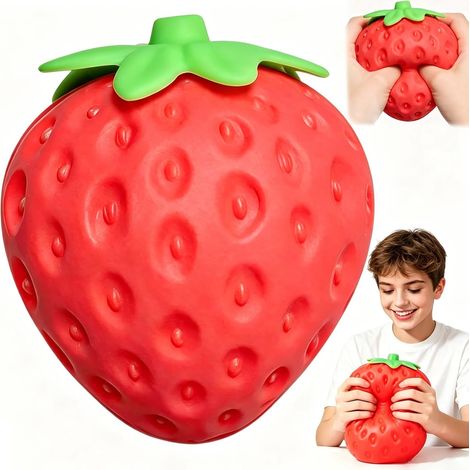 Strawberry Squishy - Grande balle anti-stress géante et douce - 12cm - Fraise réaliste - Remontée lente - Anti-stress - Anti-stress - Fraise