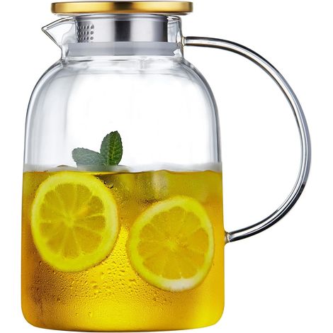 Tetera de vidrio borosilicato de 2 litros, con boquilla en forma de ojo de pájaro, tapa giratoria y asa de vidrio. (1/5)