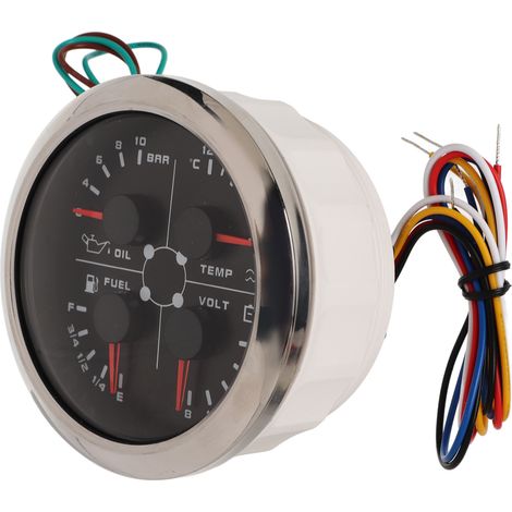 4-in-1 Multifunktionsanzeige 85 mm, Kraftstoffstandanzeige, Öldruckanzeige, Wassertemperaturanzeige, 9–32 V Gleichstrom-Voltmeter für Auto, Wohnmobil, Boot, Motorrad, Schwarz/Silber, °C/BAR (1/5)