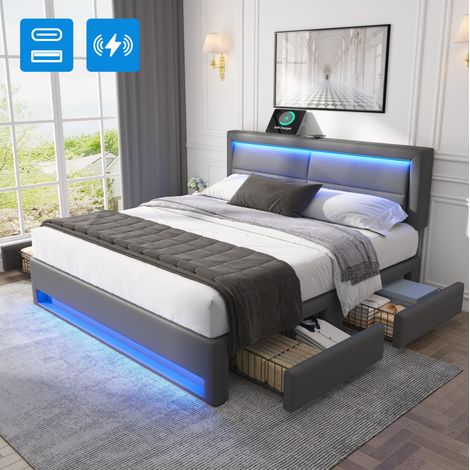 letto contenitore 140x190 USB LED con cassetti grigio HAVRYA (1/5)