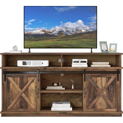 Meuble TV industriel avec 2 portes coulissantes, 2 niches ouvertes et étagères réglables, pour TV jusqu’à 65 pouces, effet bois brun, pour salon, CHICFURN (1/5)