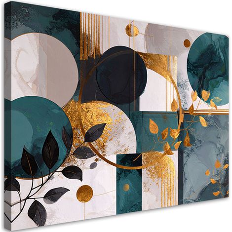 Tabelau sur Toile, Formes abstraites cercles et feuilles turquoise,30x20 (1/4)