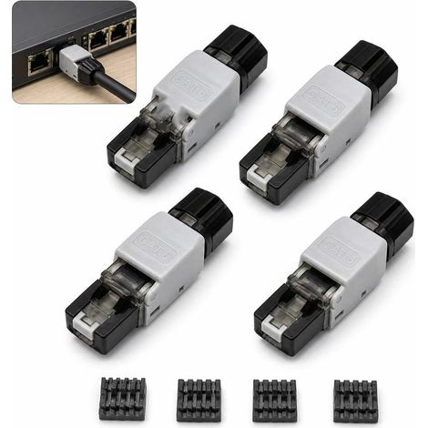 Pack of 4 Tool-Free RJ45 Cat6 Connectors, Reusable Tool-Free RJ45 Connectors, Ethernet Plugs with Gold Plated Contacts for UTP Cat5e Cat6 Network Cables, PoE Compatible, Male for DIY Network Installat (1/5)