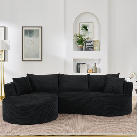 Sofà a 3 posti nero in tessuto effetto corduroy con design arcuato, portabicchieri, cuscini e struttura compatta (1/5)