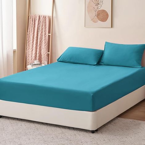 Drap Housse 180x200 Bleu Canard - 180 x 200 Bonnet 40cm Matelas en Microfibre 2 Personnes, avec Élastique Tout Autour (1/2)