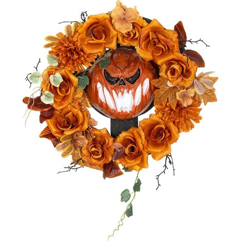 Halloween-Kranz, Kürbis-Design, Herbstblätter, LED-Effekte