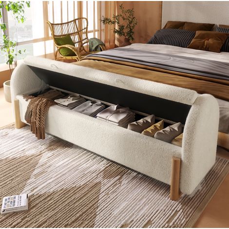 Panca contenitore 166x47x61 cm con sistema idraulico di chiusura ammortizzata, tessuto a trama fitta bianco e gambe in legno (1/5)
