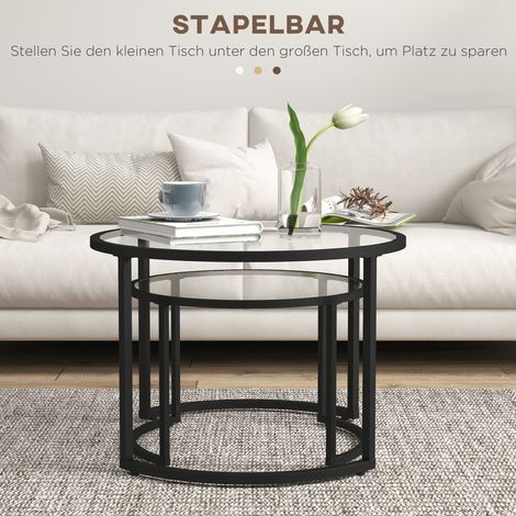 Lot de 2 tables d'appoint design industriel, tables basses en verre empilables, noir et transparent (1/5)