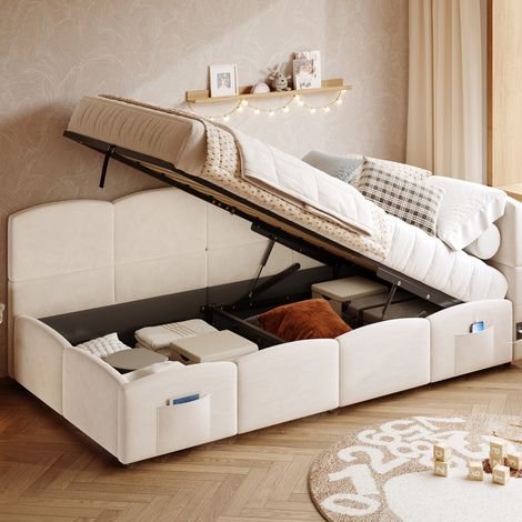 Lit simple capitonné beige 90x190 cm en velours, avec coffre hydraulique, USB-A/USB-C et poches de rangement (1/5)