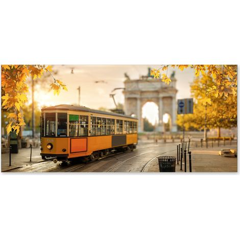Lupia - Quadro moderno su Tela Canvas DEEP 65X143 cm, con paesaggi e localismi italiani, per casa, soggiorno, capezzale camera da letto, hotel, ufficio, MILANO - TRAM ARCO DELLA PACE (1/4)