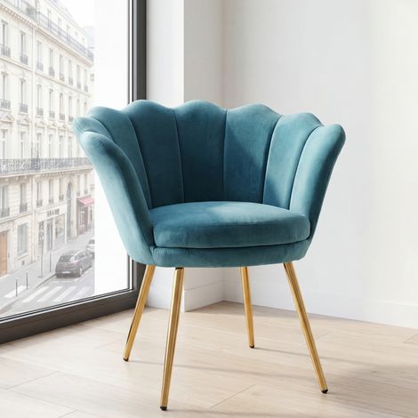 Wahson Freizeitsessel Samt-Bezug, Muschel-Sessel eleganten goldenen Metallbeinen für Schlafzimmer und Wohnzimmer,Blau