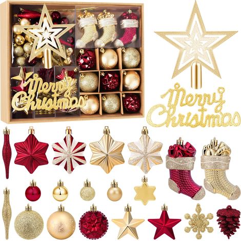 Lot de 70 Boule de Noel, Décoration Noel Sapin avec LED, Boules de Noël en Plastique Incassable pour Decoration Noel Extérieur ou Intérieure,Rouge et OrRouge et Or (1/5)