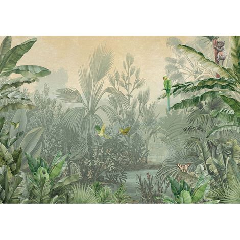 Papier peint panoramique jungle beige & vert Tapisserie panoramique tropicale idéale salon Papier peint panoramique feuille & oiseaux (1/2)