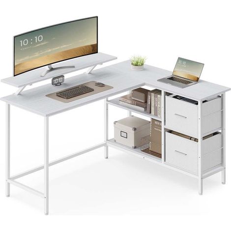 Bureau en forme de L avec 2 tiroirs spacieux et étagère réglable 105 x 135 x 89,5 cm style rustique en panneau d'aggloméré blanc érable (1/2)
