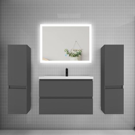 Ensemble meuble de salle de bains 80cm, simple vasque + colonne + miroir rectangulaire,anthracite