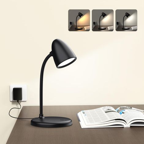 LED-Schreibtischlampe, 3-farbige Tischleuchte, dimmbare Leselampe fürs Bett, kleine Schreibtischlampe, Schwarz