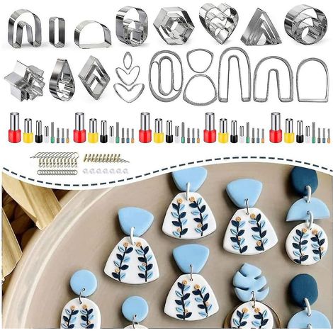 Ensemble de 126 emporte-pièces en pâte polymère pour la fabrication de boucles d'oreilles, avec supports et fermoirs. (1/4)
