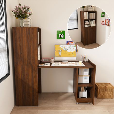 Escritorio extensible con almacenamiento y estantes regulables, mueble 2 en 1 de ahorro de espacio en MDF - nogal (1/5)