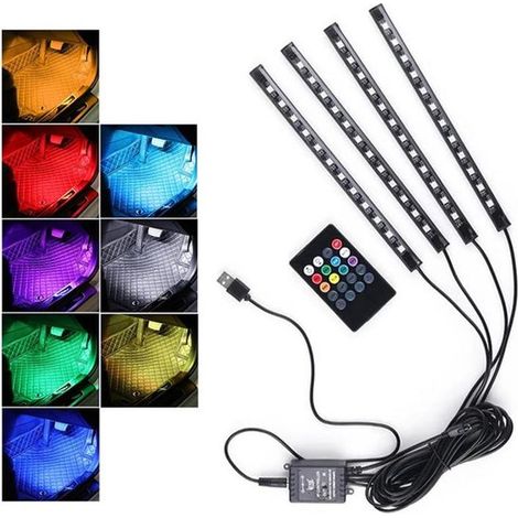 Illuminazione ambientale a LED per auto, 4 strisce per un totale di 48 LED con sincronizzazione musicale e telecomando, strisce luminose per interni da installare sotto il cruscotto. (1/5)