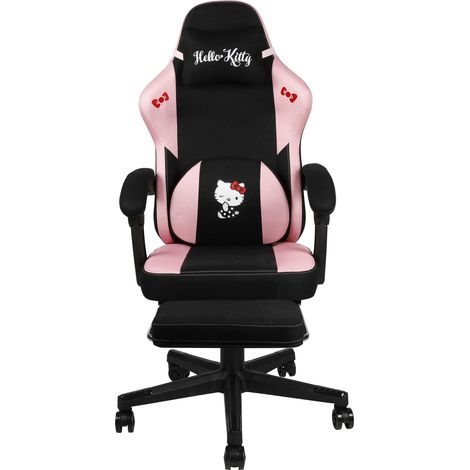 Chaise de Bureau Gaming - Inclinaison siège 150° - Revêtement Tissu - Armature Bois et métal - Coussin - Repose-Pieds - Noir et Rose (1/5)