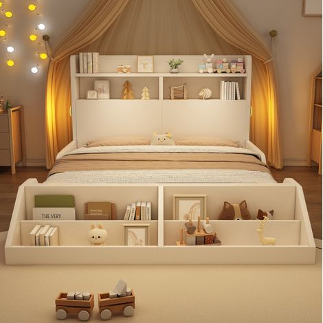 Cama matrimonial 140x200 cm de madera blanca con estantes para dormitorio -FLORAGRACE (1/5)