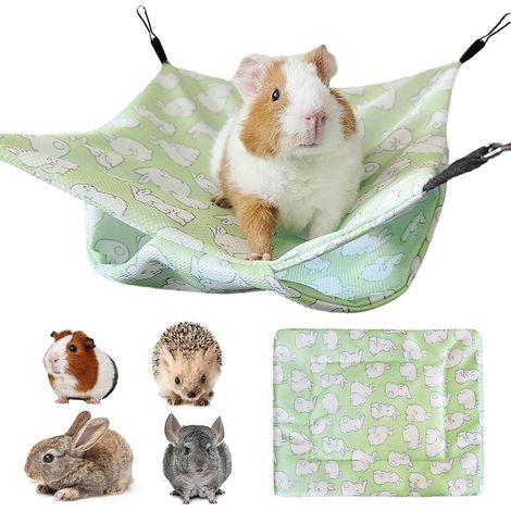 2 Pièces Hamac et Tapis pour Petits Animaux en Soie Glacée, Lit Suspendu Double Couche avec Motif Lapin 28x28 cm + Tapis 15x20 cm, pour Hamster Cochon d'Inde Rat (Vert) (1/5)