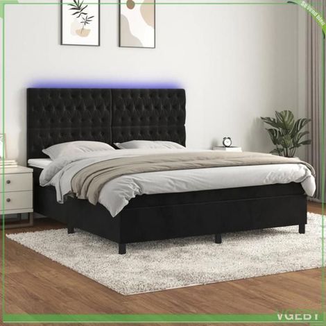 Sommier tapissier avec matelas et LED - FAF7291712411373 - Velours noir - 180x200 cm - Matelas 20 cm ressorts ensachés (1/5)