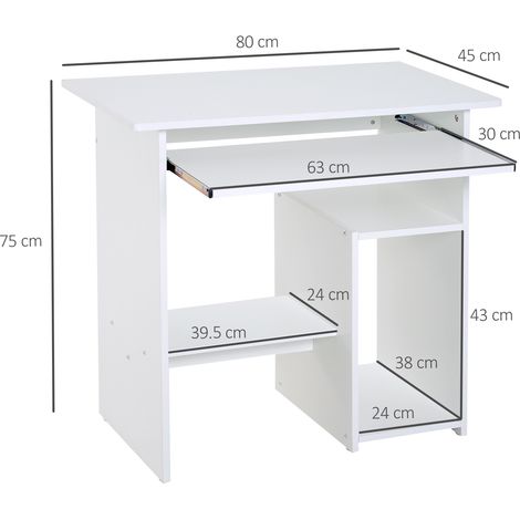 Bureau design gain de place pour la maison/le bureau, bureau d'ordinateur moderne avec support PC, étagère pour unité centrale et plateau coulissant pour clavier en bois, 80x45x75cm, blanc. (1/5)