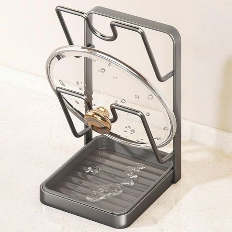 Freistehender Topfdeckelhalter mit Löffelablage, 2-in-1 Topfdeckel- und Küchenutensilienhalter, Grau