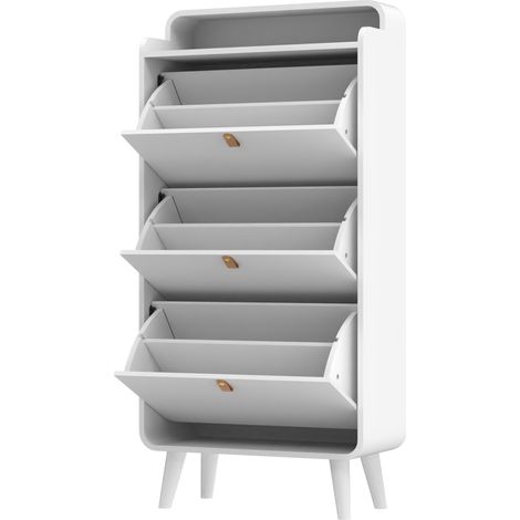 Meuble à chaussures blanc avec 3 tiroirs rabattables, rangement mural sécurisé et espace supérieur (1/5)