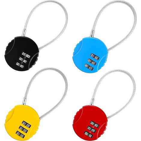 Lot de 4 cadenas pour bagages, code réinitialisable, combinaison à 3 chiffres, cadenas avec câble pour salle de sport, armoire, valise (4 couleurs) (1/5)
