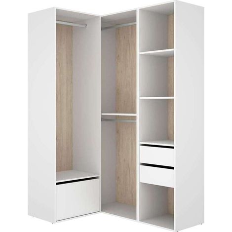 Vestidor de rincón Reus 2 cajones, zapatero y trasera reversible en blanco/natural, 204.5cm(alto) 105cm(ancho) 124.5cm(fondo).