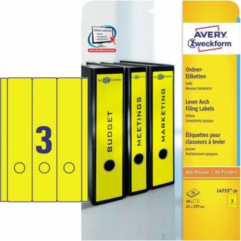 Ordnerrückenetikett ultragrip breit/lang 61 x 297 mm (B x H) selbstklebend mit Griffloch gelb 60 Etik./Pack. (1/5)