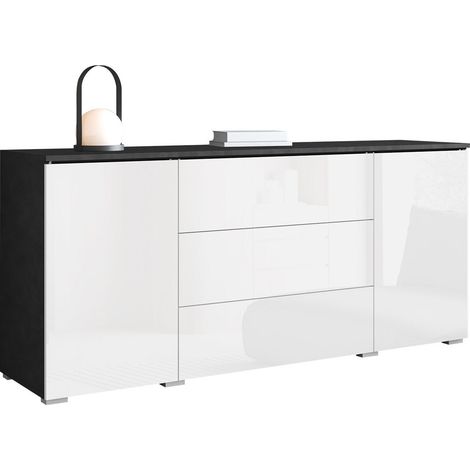 Cómoda Mirfivo 102, Madera gris + Blanco brillante, Con cajones y puertas, Número de cajones: 3, 66x150x40cm