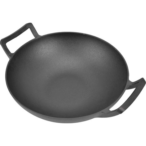 Poêle à frire en fonte double anses, antiadhésive sans revêtement, saine et écologique, 32 cm, fond plat, épaisse, avec protection carton interne. (1/5)